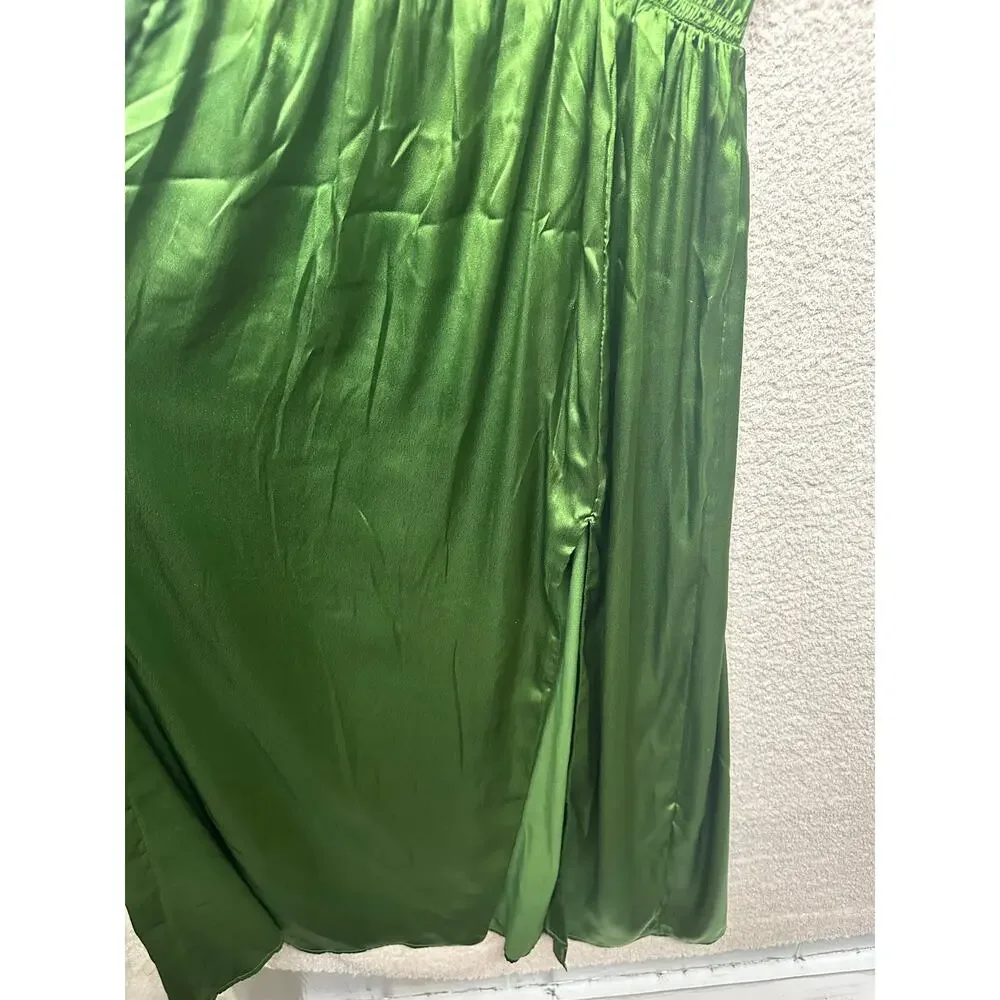 Abercrombie & Fitch Green Satin Smocked Waist Maxi Dress Medium